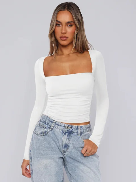 Frühling Sommer Damen Langarm T-Shirt Weibliches schlankes Square Neck Top Y2K Lady Solid Color Bottoming Shirt Damenbekleidung