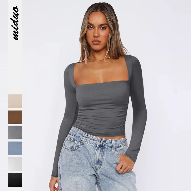 Frühling Sommer Damen Langarm T-Shirt Weibliches schlankes Square Neck Top Y2K Lady Solid Color Bottoming Shirt Damenbekleidung
