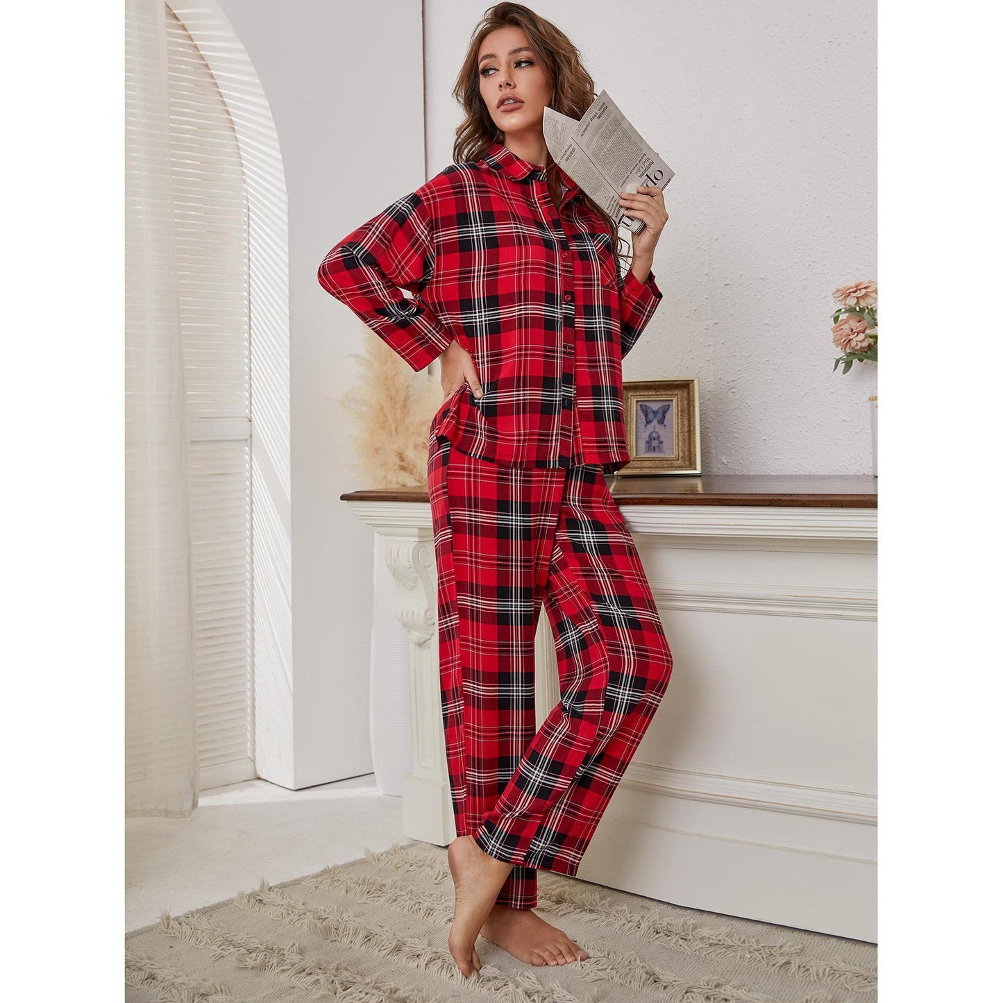 Women's red checkered long sleeved autumn and winter home clothes two-piece set in pajamas