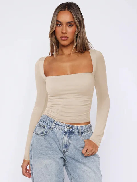 Frühling Sommer Damen Langarm T-Shirt Weibliches schlankes Square Neck Top Y2K Lady Solid Color Bottoming Shirt Damenbekleidung