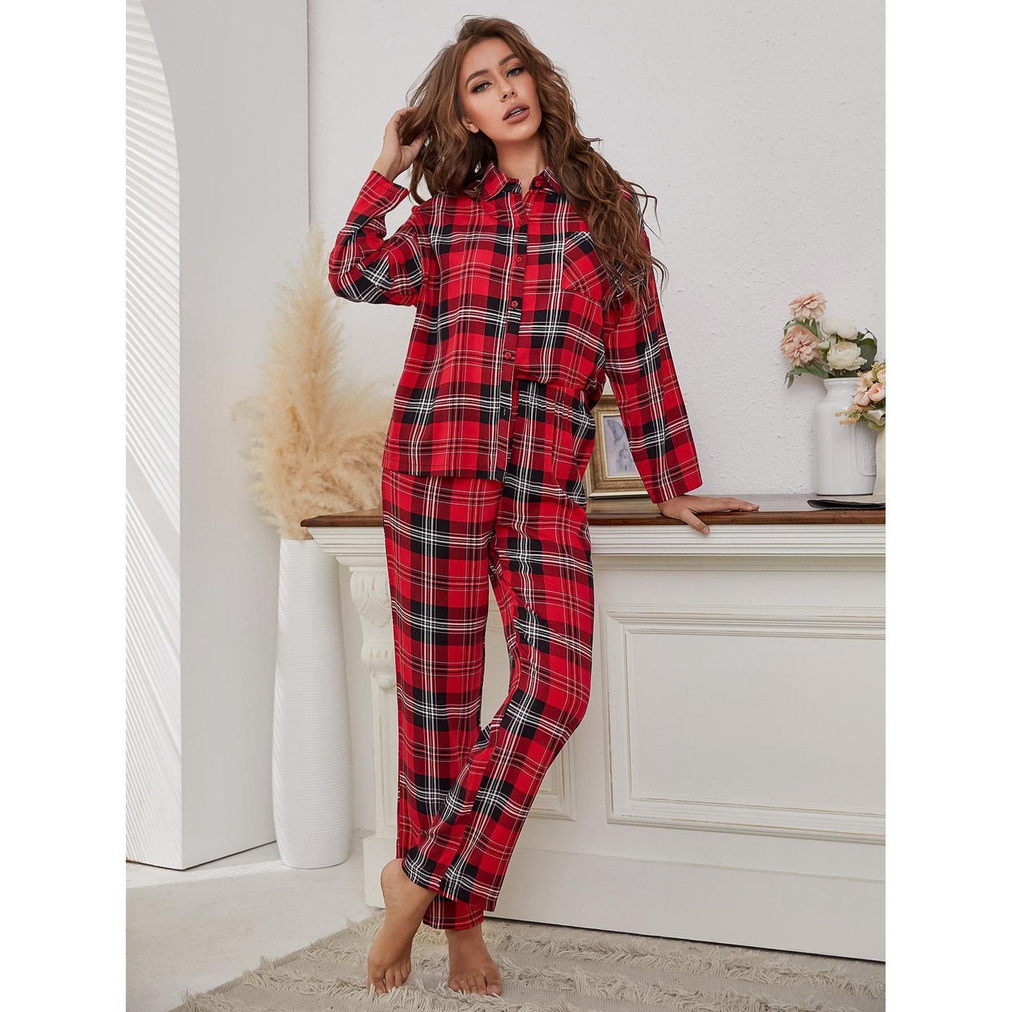 Women's red checkered long sleeved autumn and winter home clothes two-piece set in pajamas