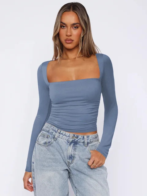 Frühling Sommer Damen Langarm T-Shirt Weibliches schlankes Square Neck Top Y2K Lady Solid Color Bottoming Shirt Damenbekleidung
