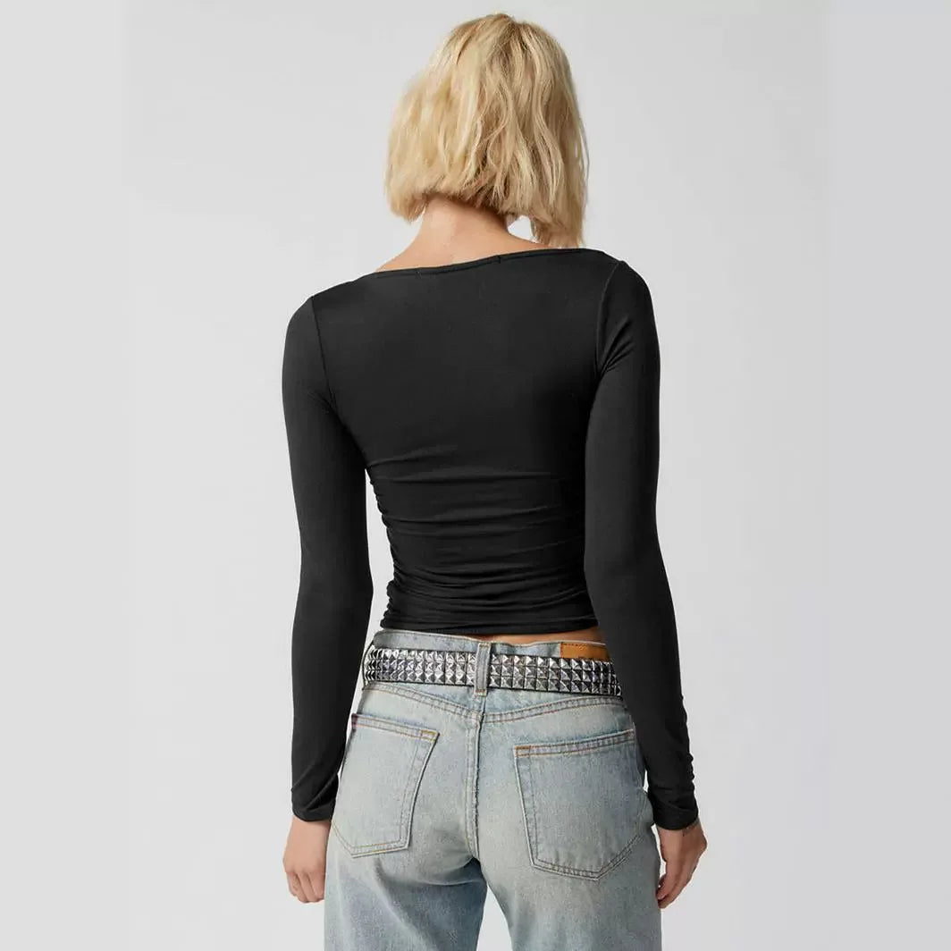 Frühling Sommer Damen Langarm T-Shirt Weibliches schlankes Square Neck Top Y2K Lady Solid Color Bottoming Shirt Damenbekleidung