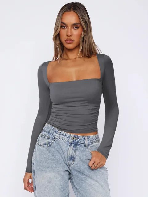 Frühling Sommer Damen Langarm T-Shirt Weibliches schlankes Square Neck Top Y2K Lady Solid Color Bottoming Shirt Damenbekleidung