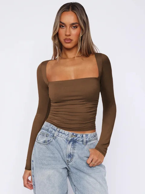 Frühling Sommer Damen Langarm T-Shirt Weibliches schlankes Square Neck Top Y2K Lady Solid Color Bottoming Shirt Damenbekleidung