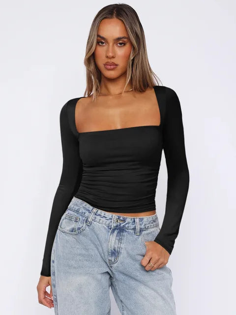 Frühling Sommer Damen Langarm T-Shirt Weibliches schlankes Square Neck Top Y2K Lady Solid Color Bottoming Shirt Damenbekleidung
