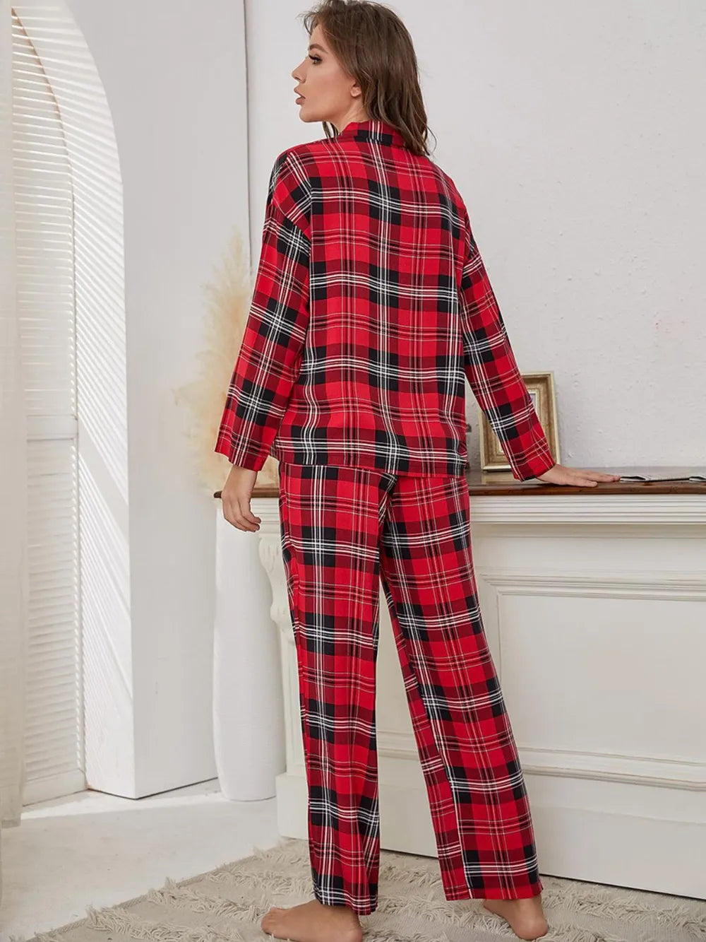 Women's red checkered long sleeved autumn and winter home clothes two-piece set in pajamas