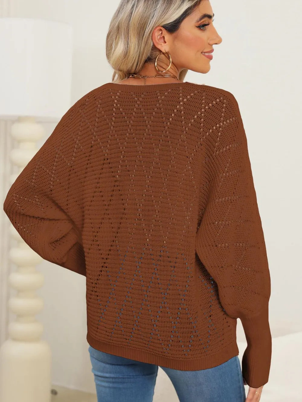 Autumn and winter hollowed out woven sweater with lace V-neck and batball sleeves