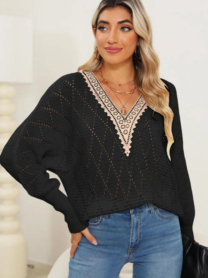 Autumn and winter hollowed out woven sweater with lace V-neck and batball sleeves