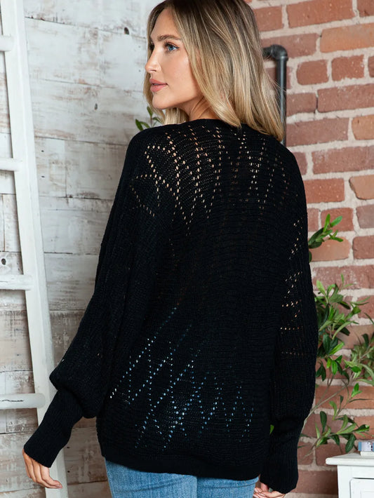 Autumn and winter hollowed out woven sweater with lace V-neck and batball sleeves