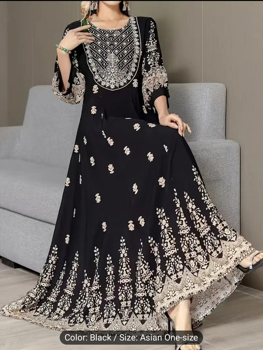 Desi Style Dress Ethnic Embroidery Full Skirt Retro Long Dress Casual